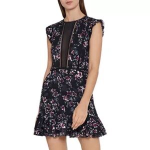 Reiss Alexandra Floral Mini Dress with Sheer Panel and Ruffles